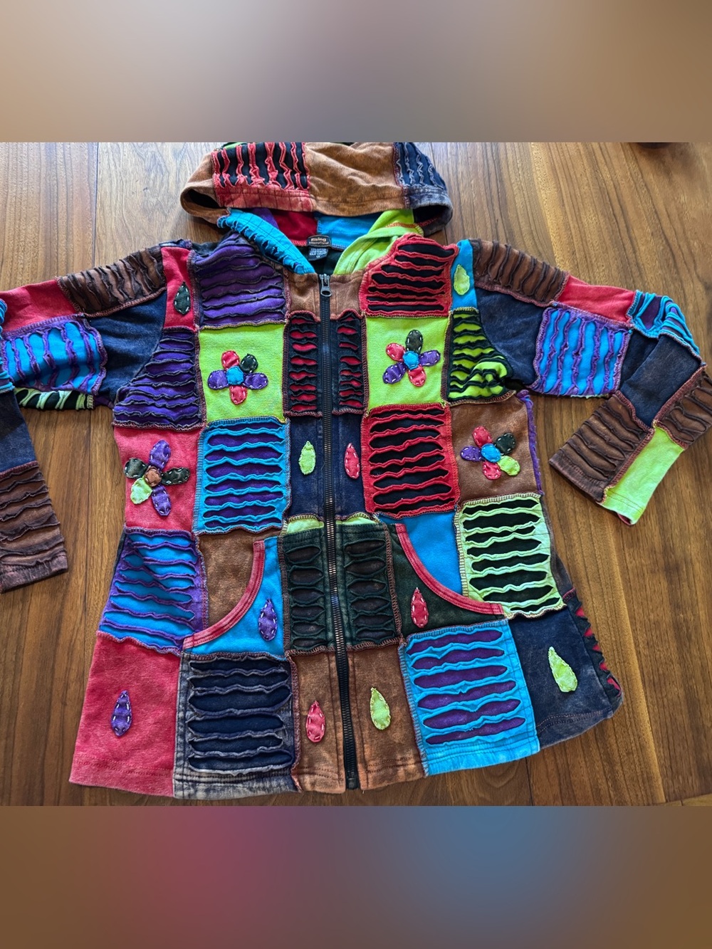 Rising International Cotton Patchwork Boho Hippie Chick Hoodie Sz 1X / L in EUC